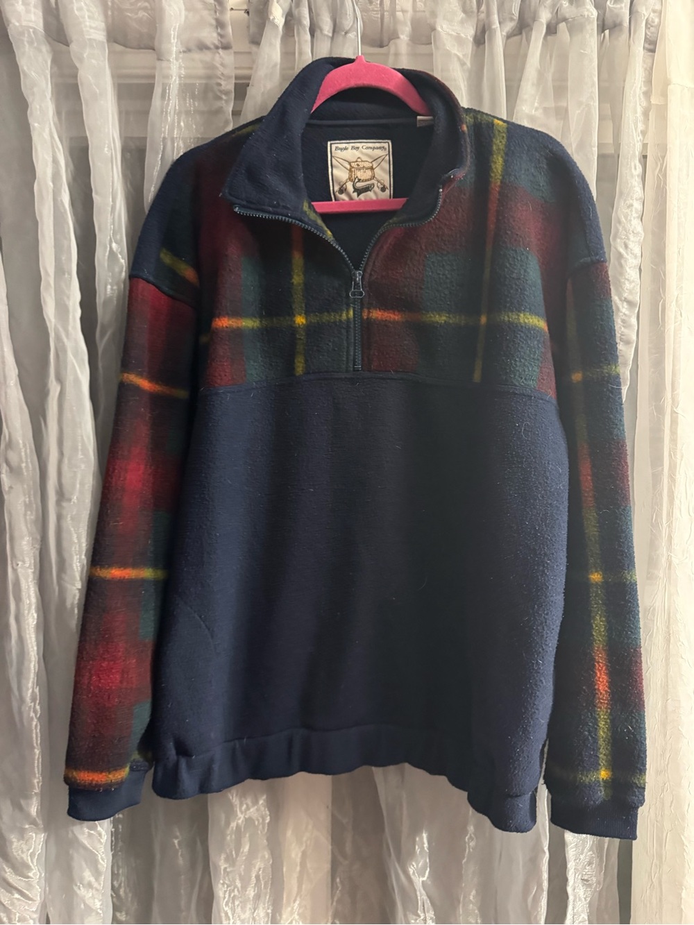 Vintage 1990s Men’s Half Zip Bugle Boy Company L plaid & Navy Blue Jacket